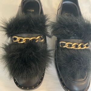 Maje Black Fur Loafers with Gold Chain